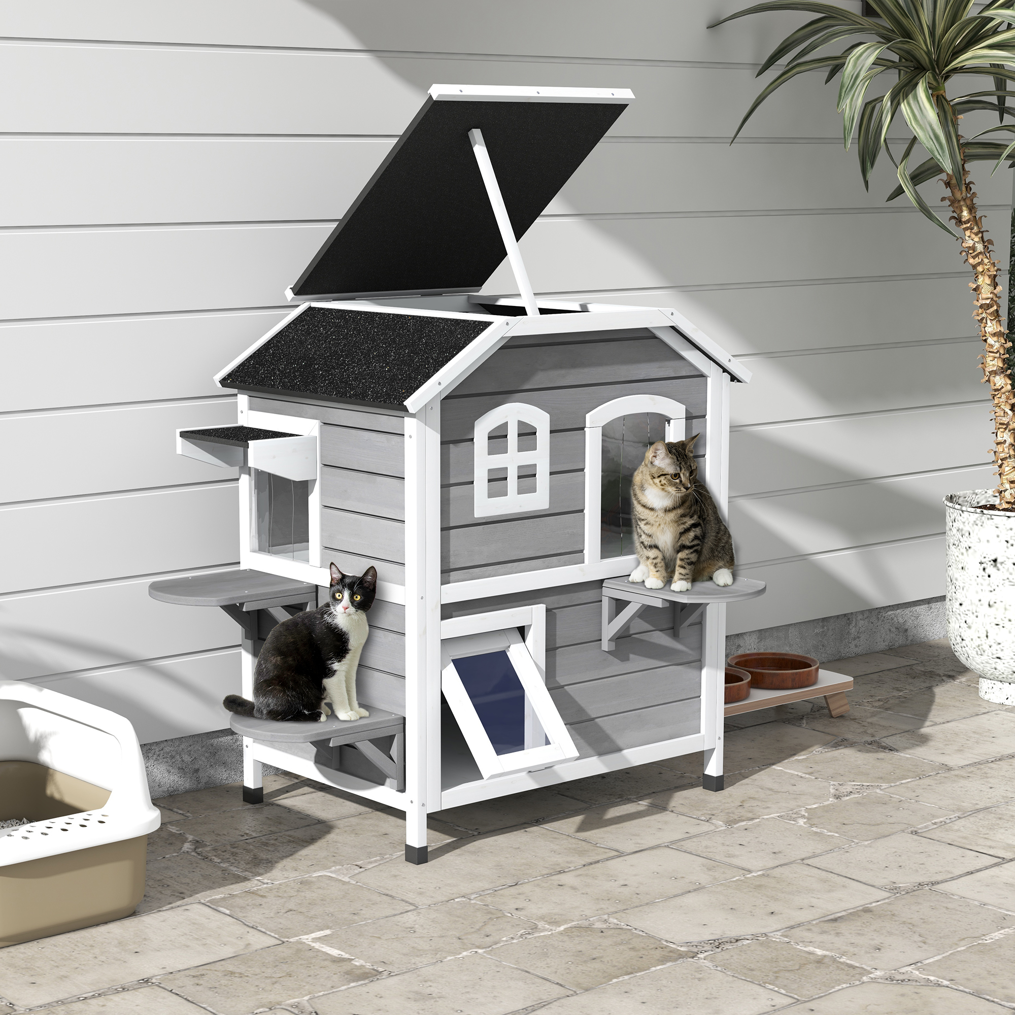 Maison chat 2 étages extérieur, imperméable, plateformes saut, gris