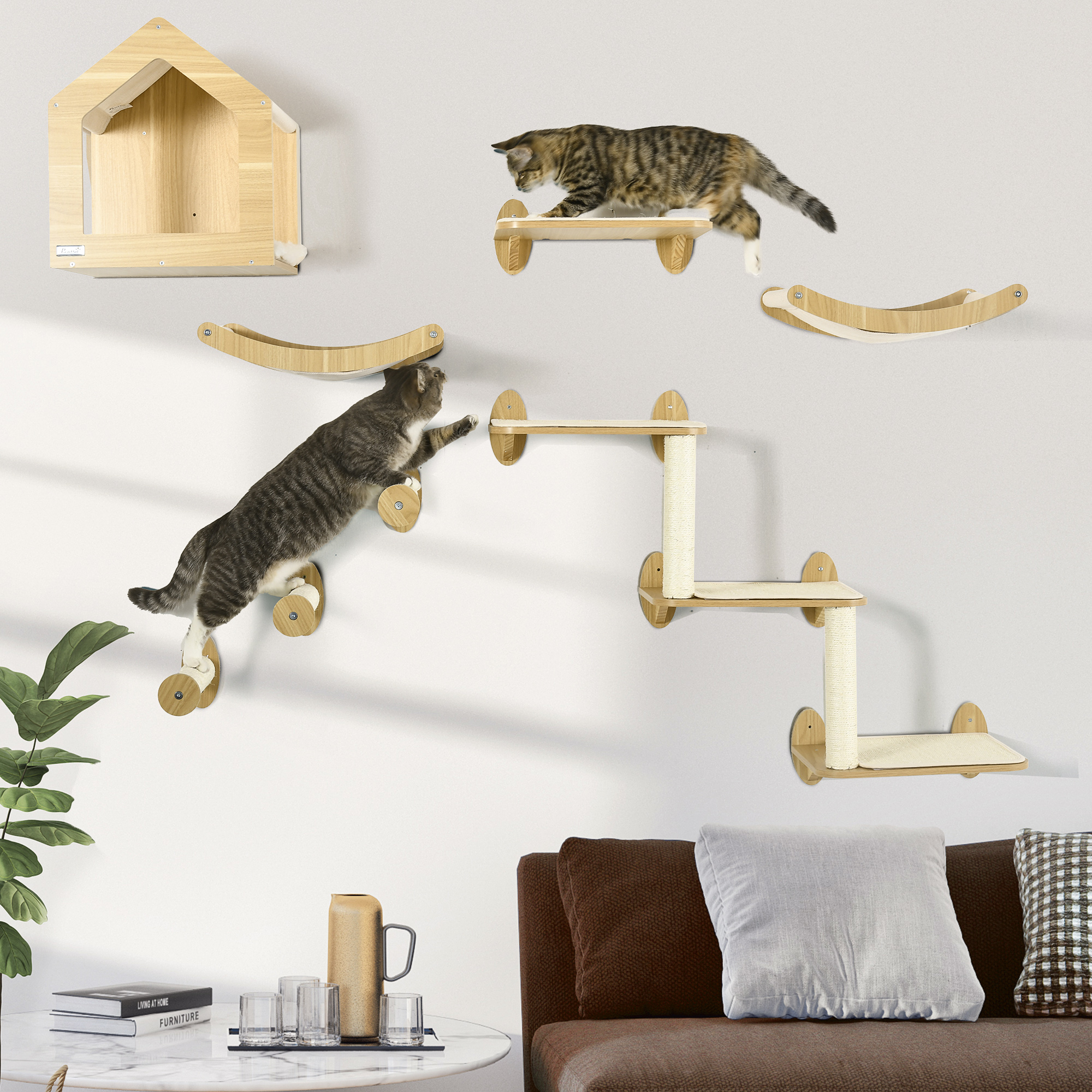 8 étagères murales chat avec griffoirs, chêne