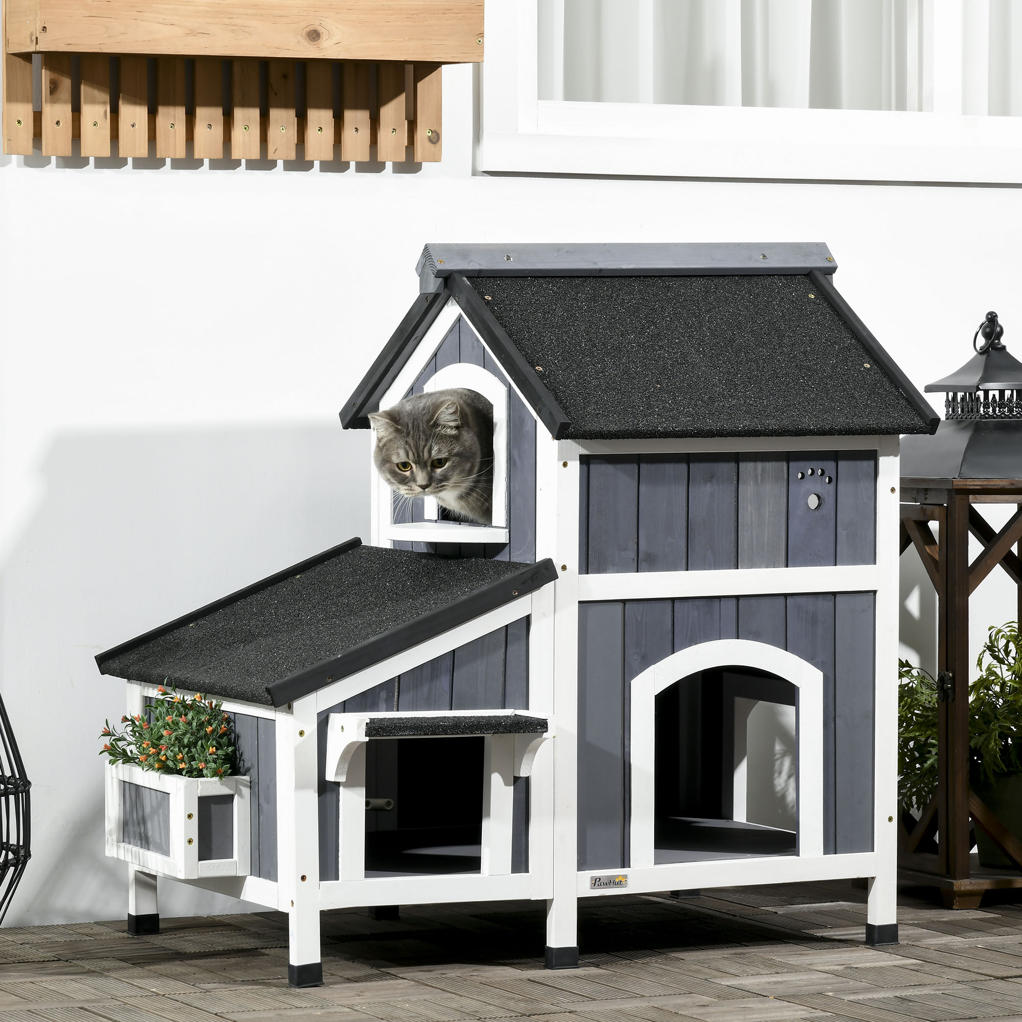 Abri chat extérieur toit résistant jardinière gris