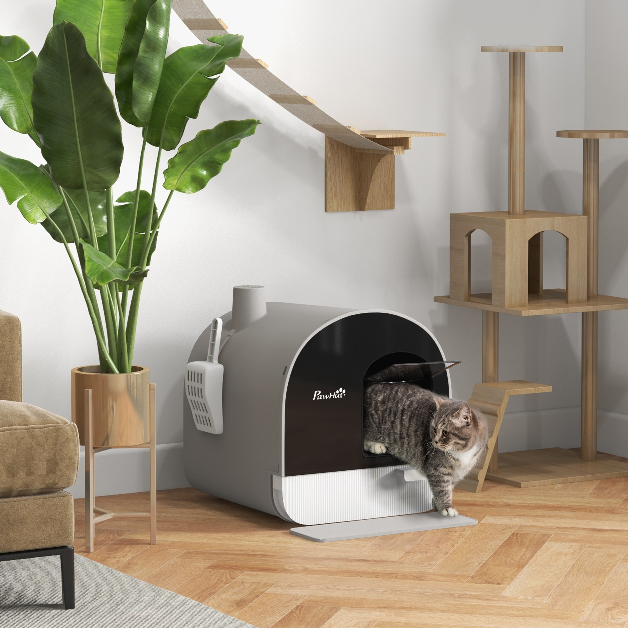 Bac litière chat couvercle pelle filtre gris clair