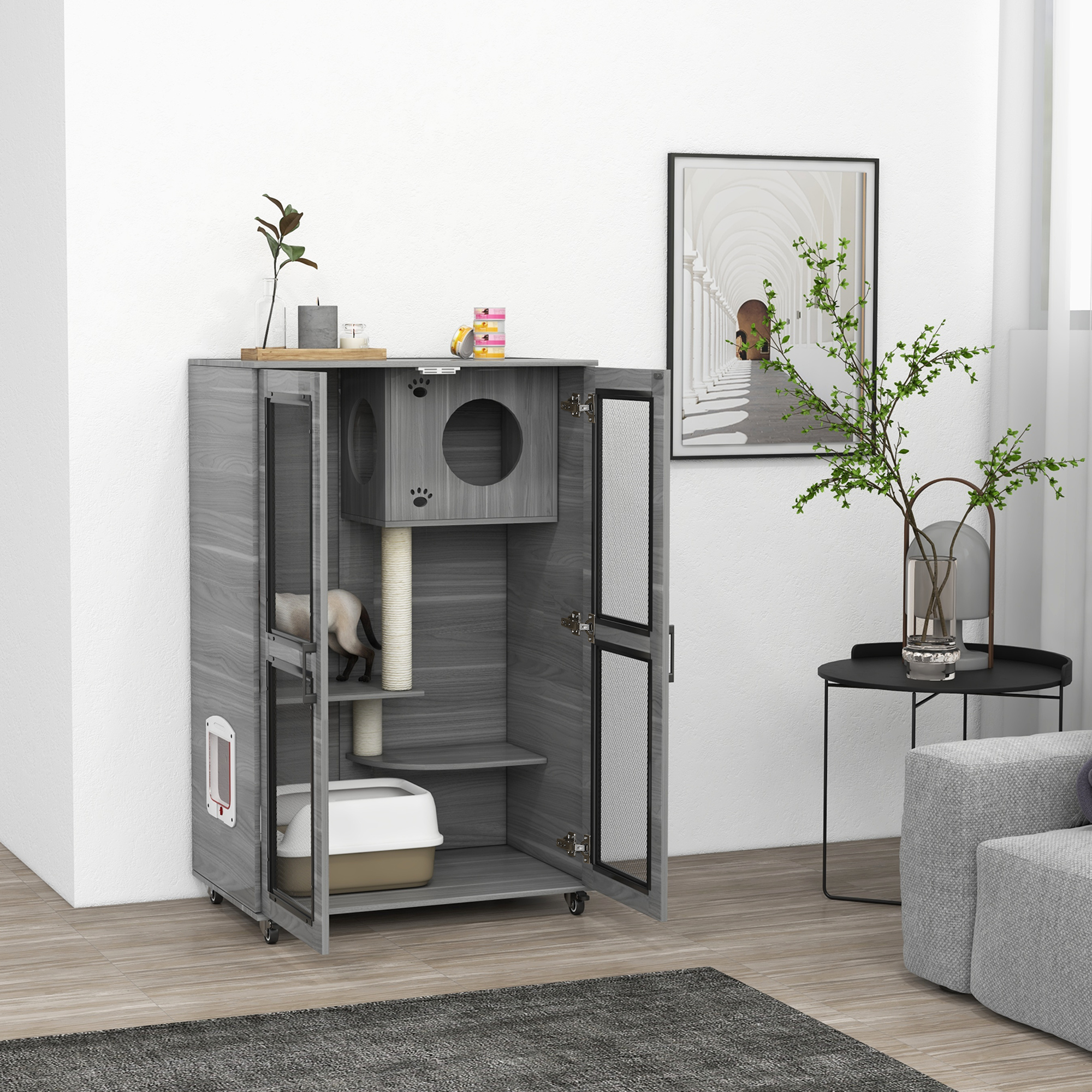 Arbre chat griffoir roues, gris