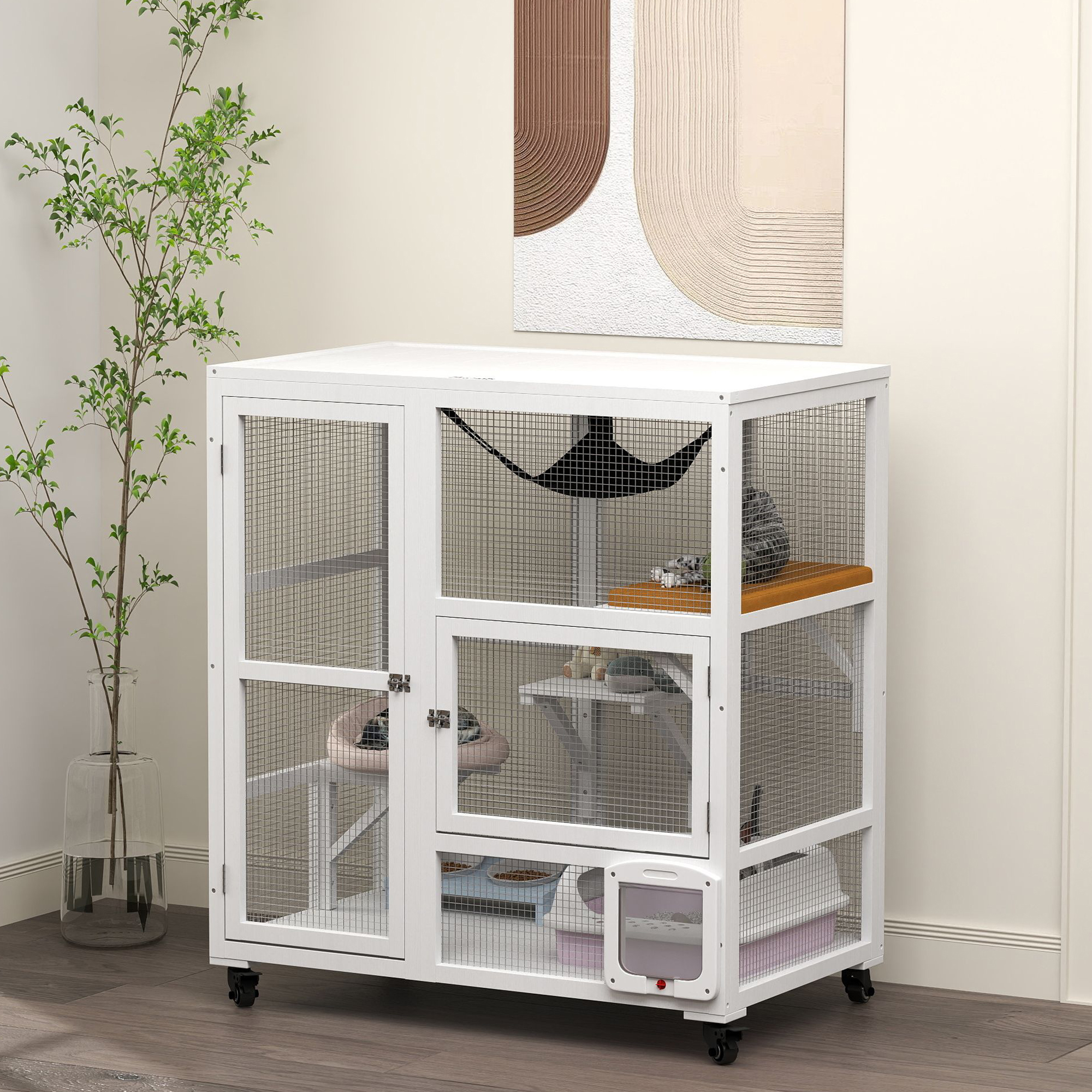 Maison chat roulettes 99cm ouvrable blanche