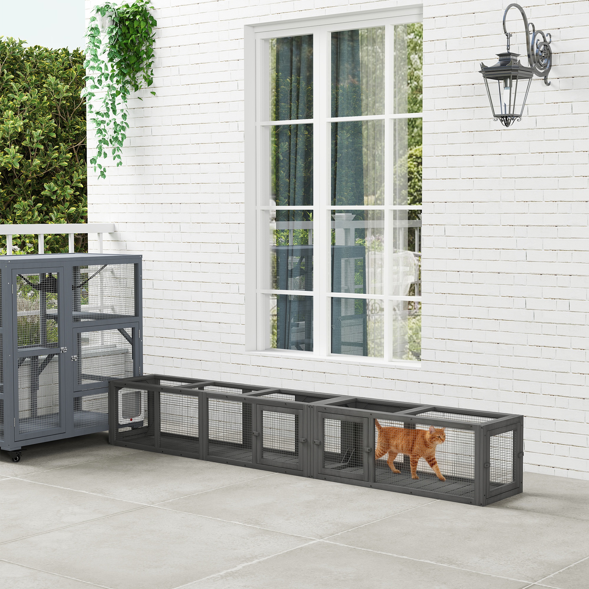 Tunnel chat bois 98po 8 portes gris foncé