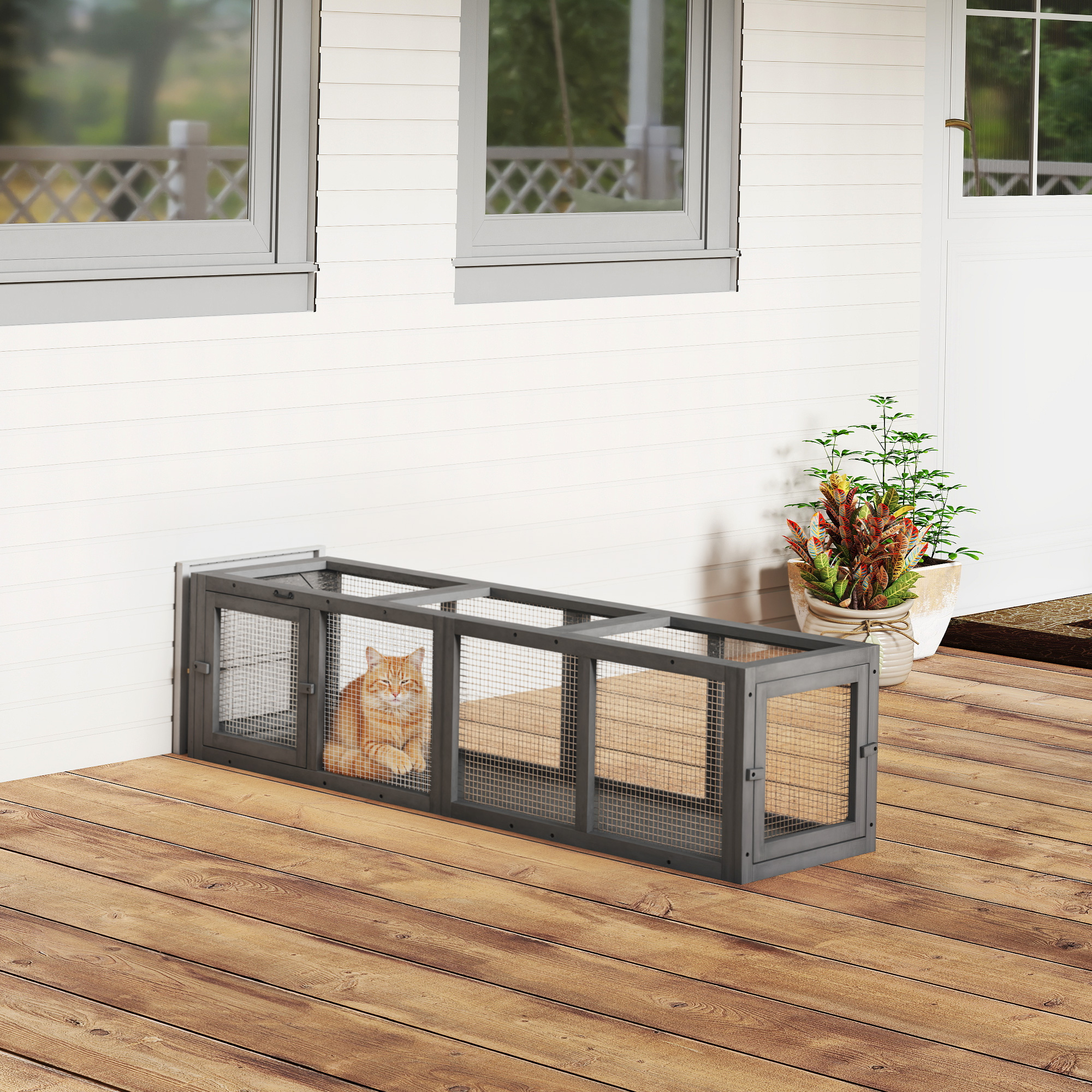 Tunnel chat extérieur 59" bois 3 portes gris