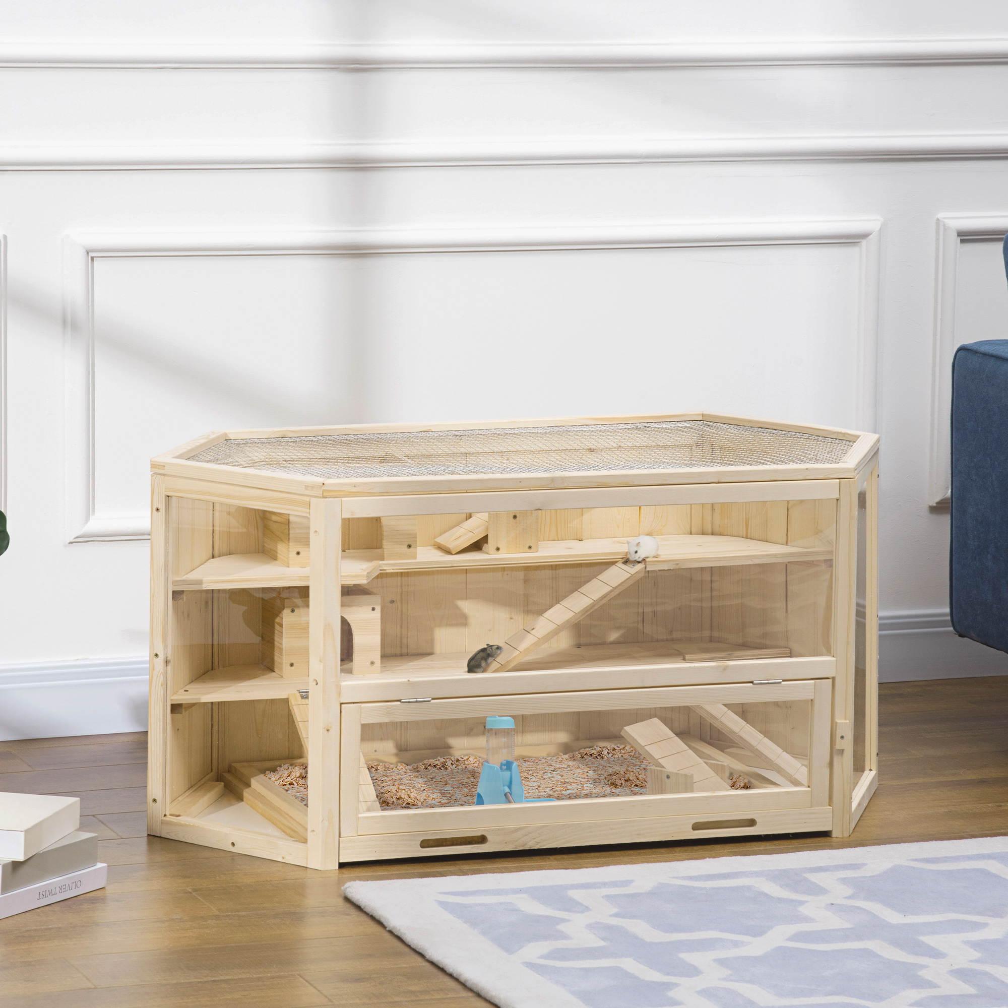 Cage hamster bois grand 3 étages, accessoires naturel