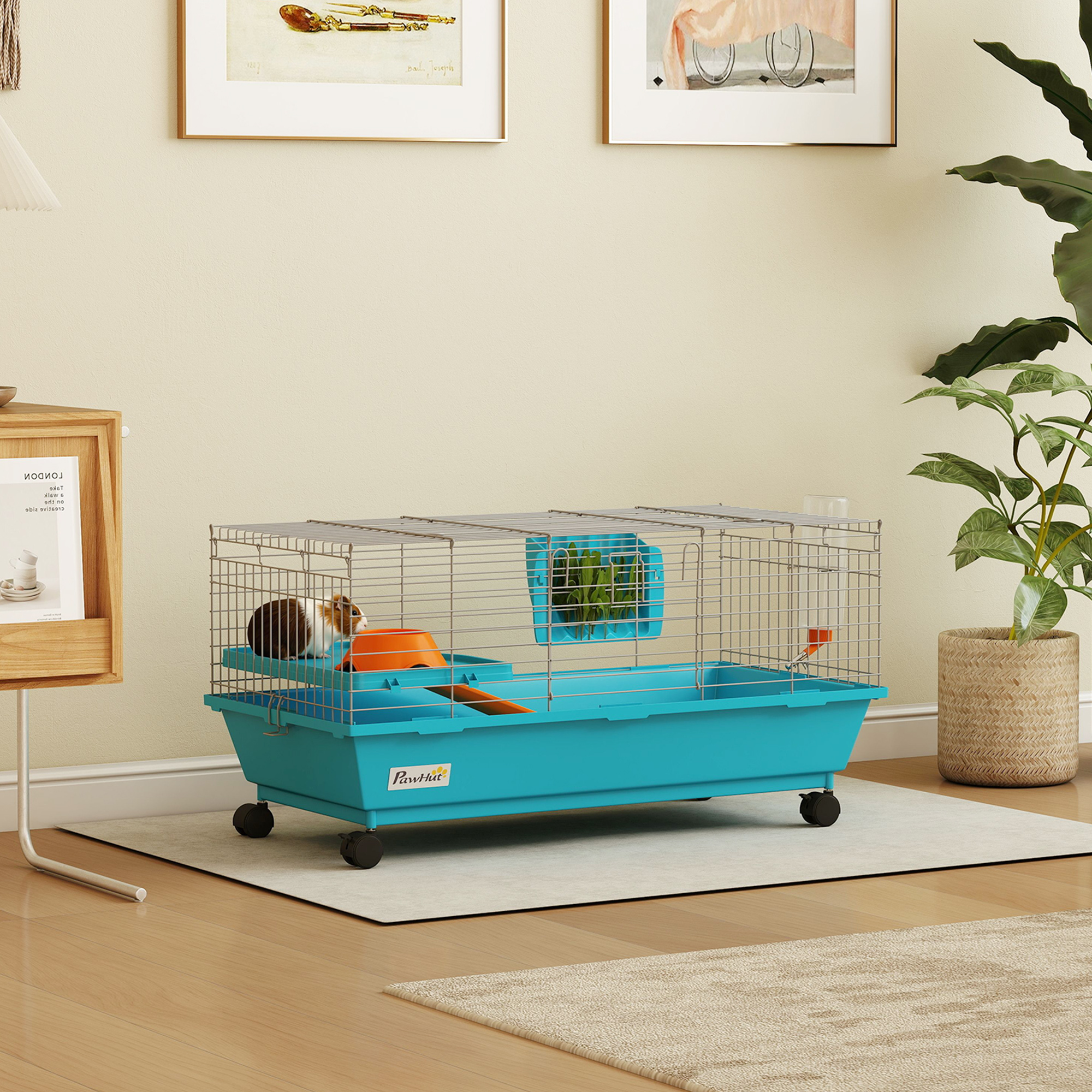 Cage petit animal 35" roulettes, cobaye, bleu