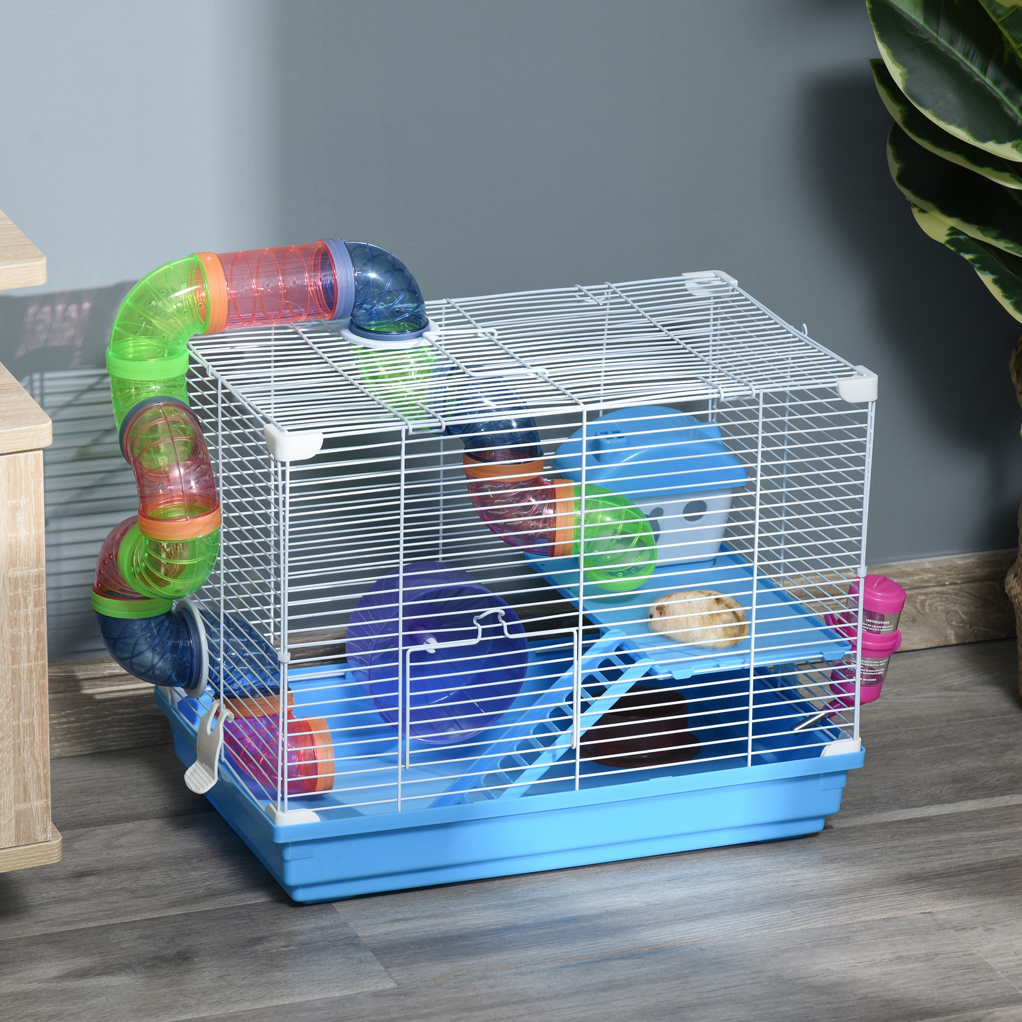 Cage hamster 2 niveaux avec roue, tubes, bouteille d'eau