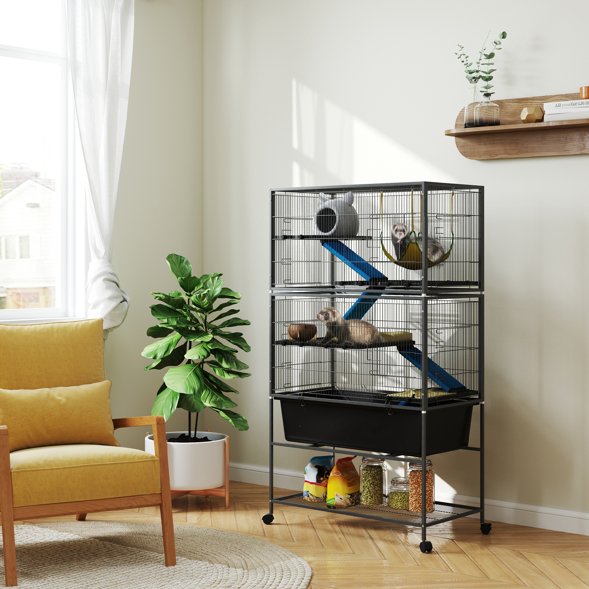 Cage Petit Animal 59" 5 Niveaux Roulettes Gris Foncé