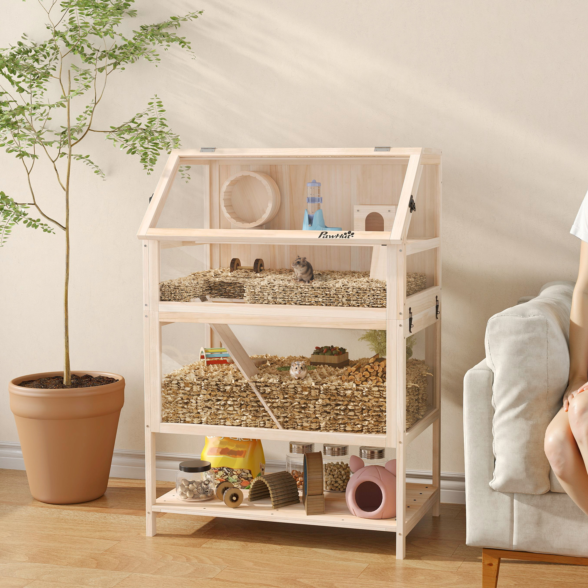 Cage hamster bois, plancher amovible, roue exercice, rampes