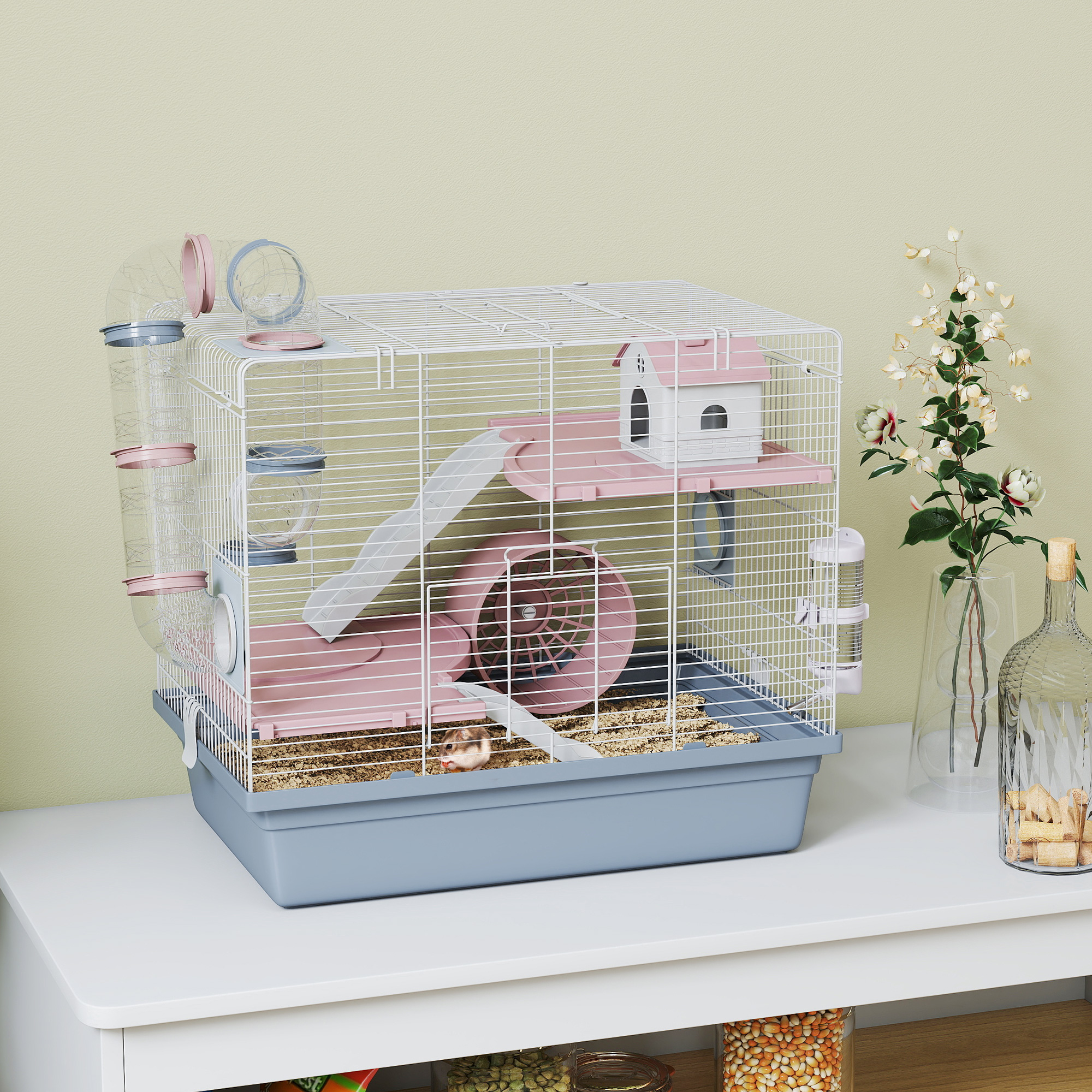 Cage hamster 3 étages avec roue, bol et accessoires