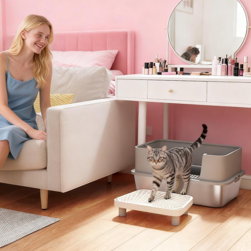 Bac litière chat acier inox, hauts côtés avec pelle