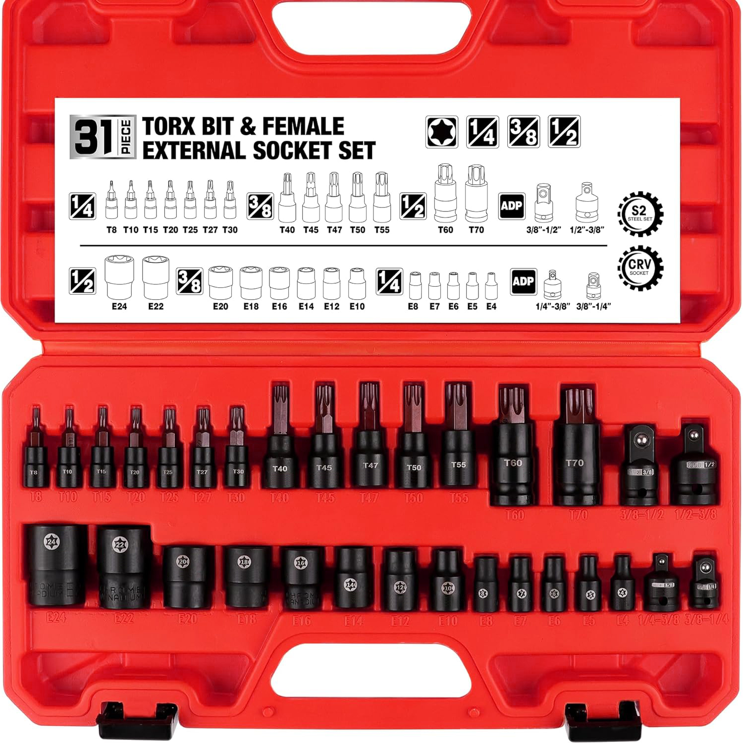 Ensemble bits Torx 14pcs T8-T70 12pcs E-Torx