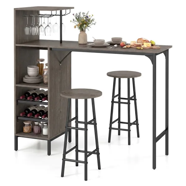 Ensemble 3 pièces: table bar stools rangement vin chêne