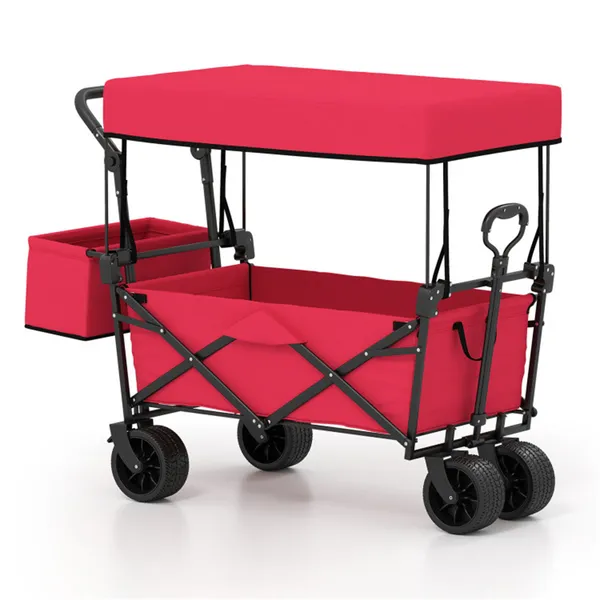 Chariot utilitaire pliable rouge, poignée ajustable, roues anti-crevaison