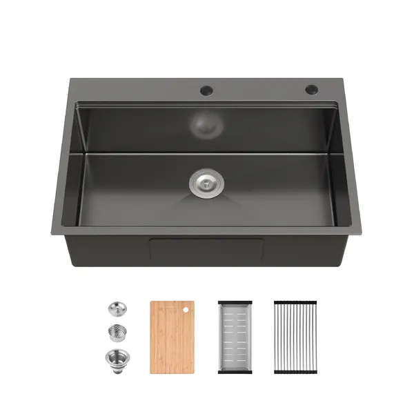 Évier cuisine acier inox 33x22po, noir, planche découpe