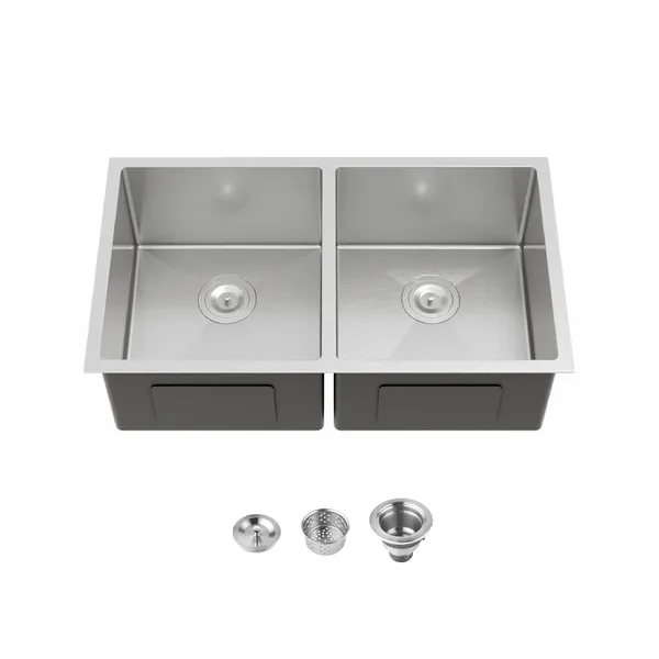 Évier cuisine double 33x19 po encastré acier brossé