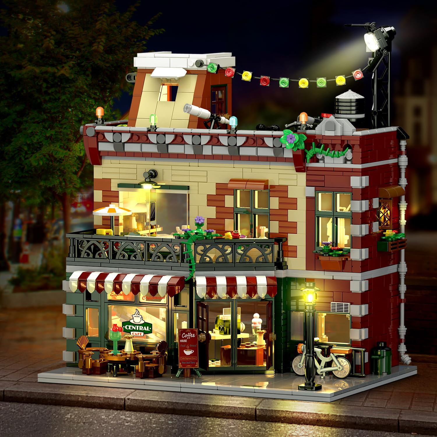 Ensemble maison café avec lumières 1589PCS, modèle construction ville