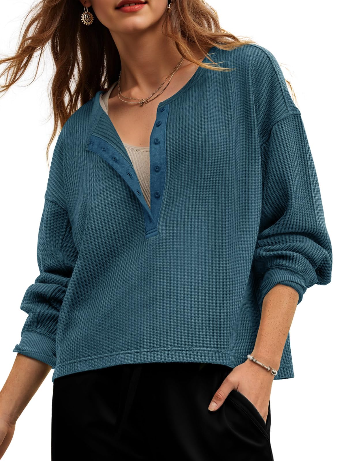Fisoew Chandail boutonné tricot gaufré, col V, manches longues