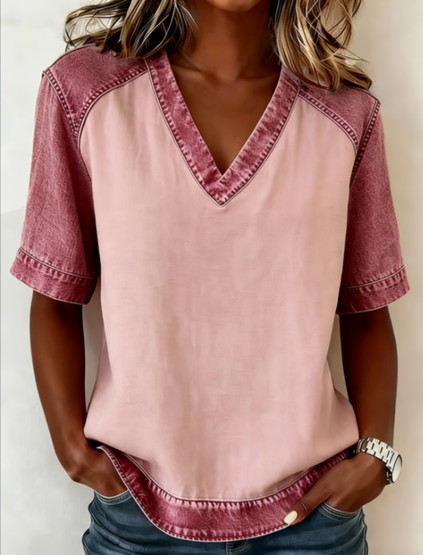 T-shirt femme col V raglan colorblock ample