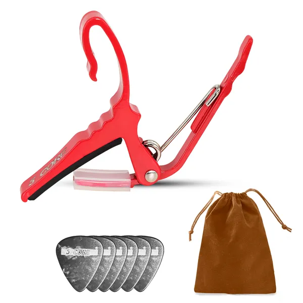 5Core Capo Guitare + 6 Médiators Rouge