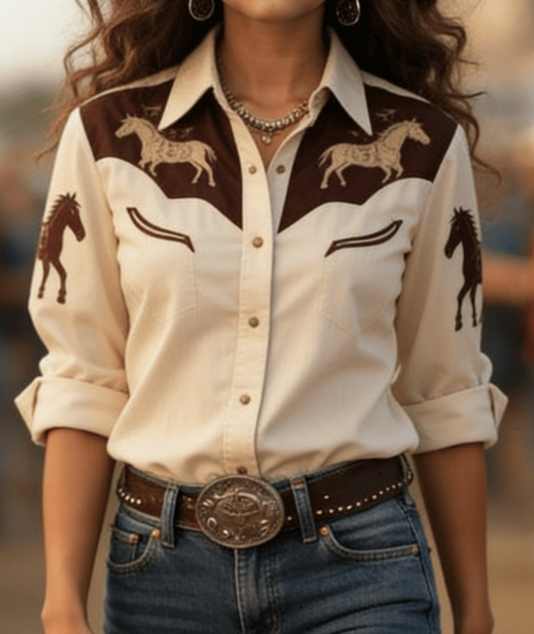 Chemise manches longues rétro western femme