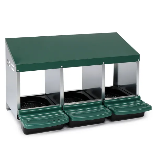 Nichoir poule 3 compartiments, roulant, vert, panier plastique