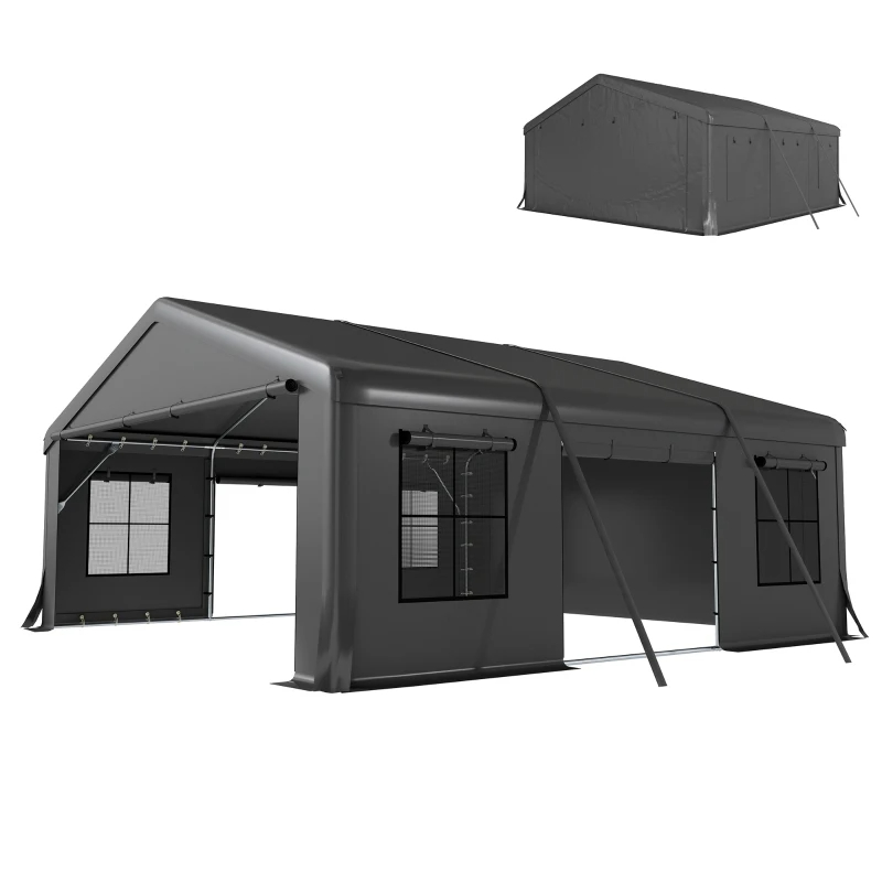 Carport lourd 20x20 pi, 3 portes, 4 fenêtres, gris