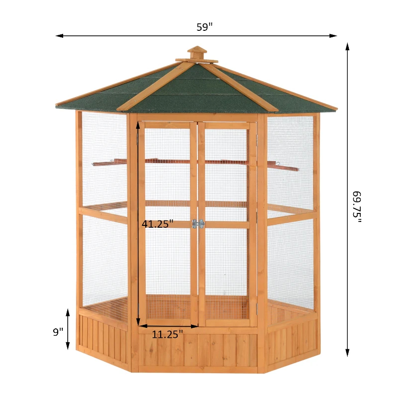 PawHut Cage Volière Hexagonale Bois 69" Toit Couvert