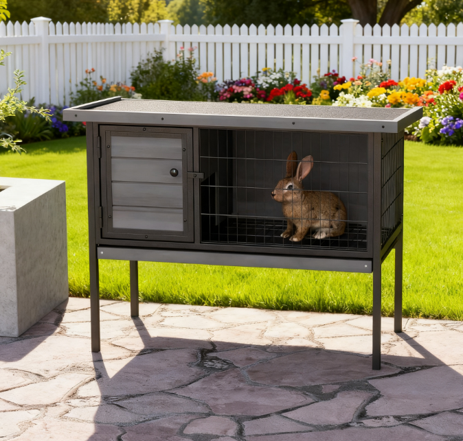 Clapier lapin bois surélevé plateau étanche gris