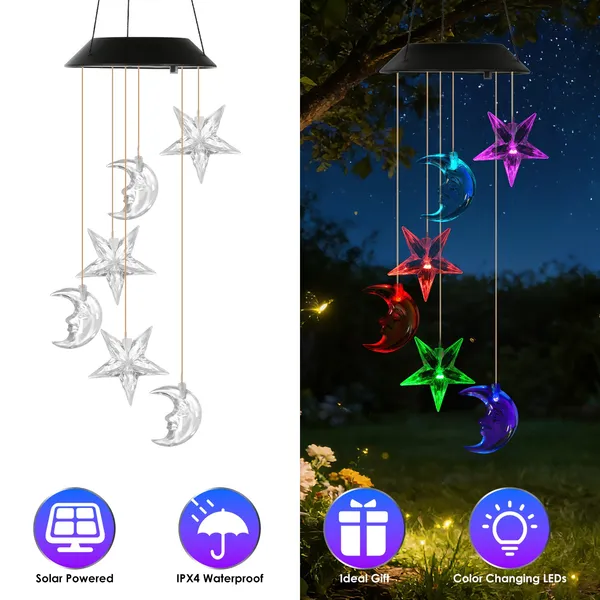 Carillon solaire lune étoiles 7 couleurs étanche IPX4