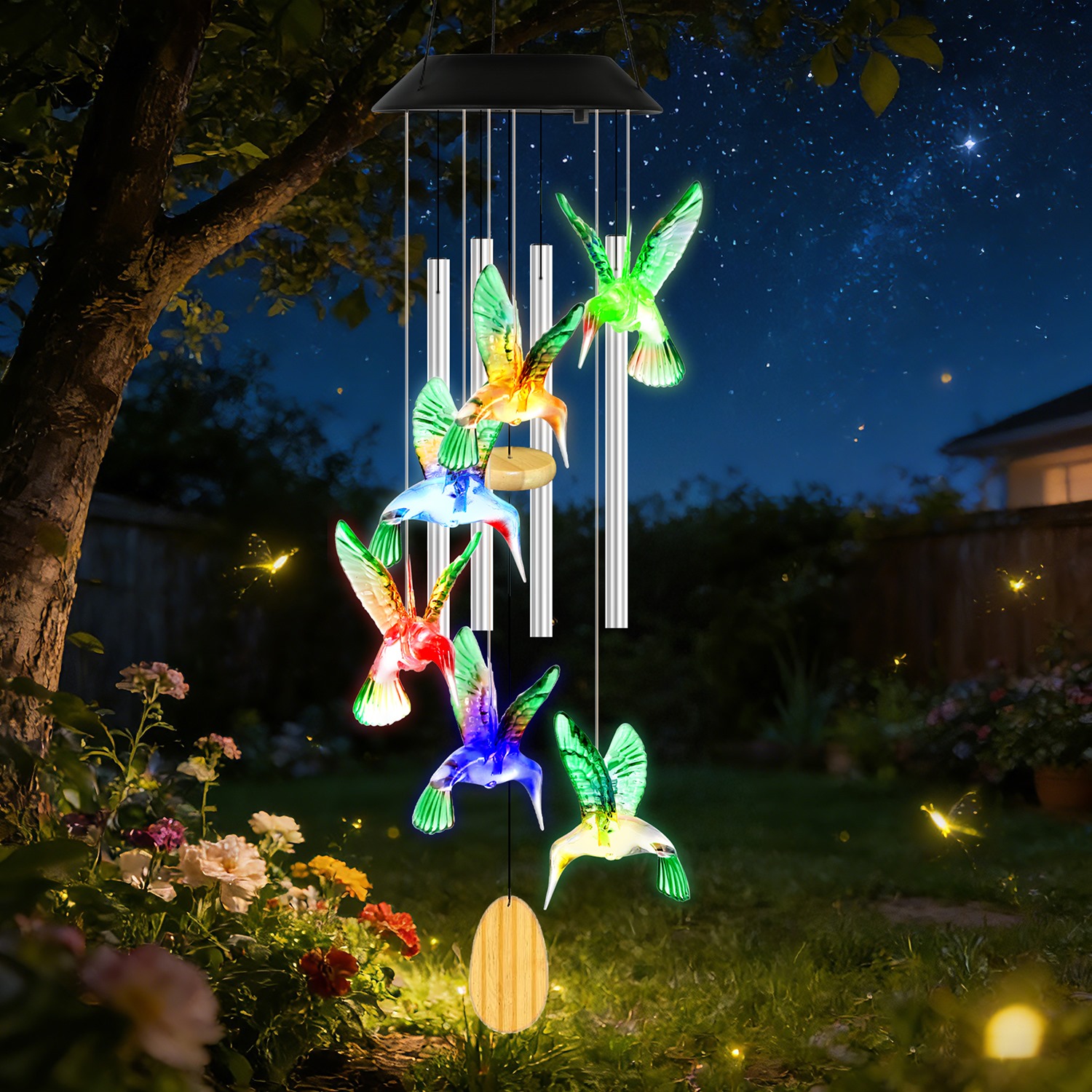 Carillon solaire colibri tubes alu 7 couleurs IPX4 étanche