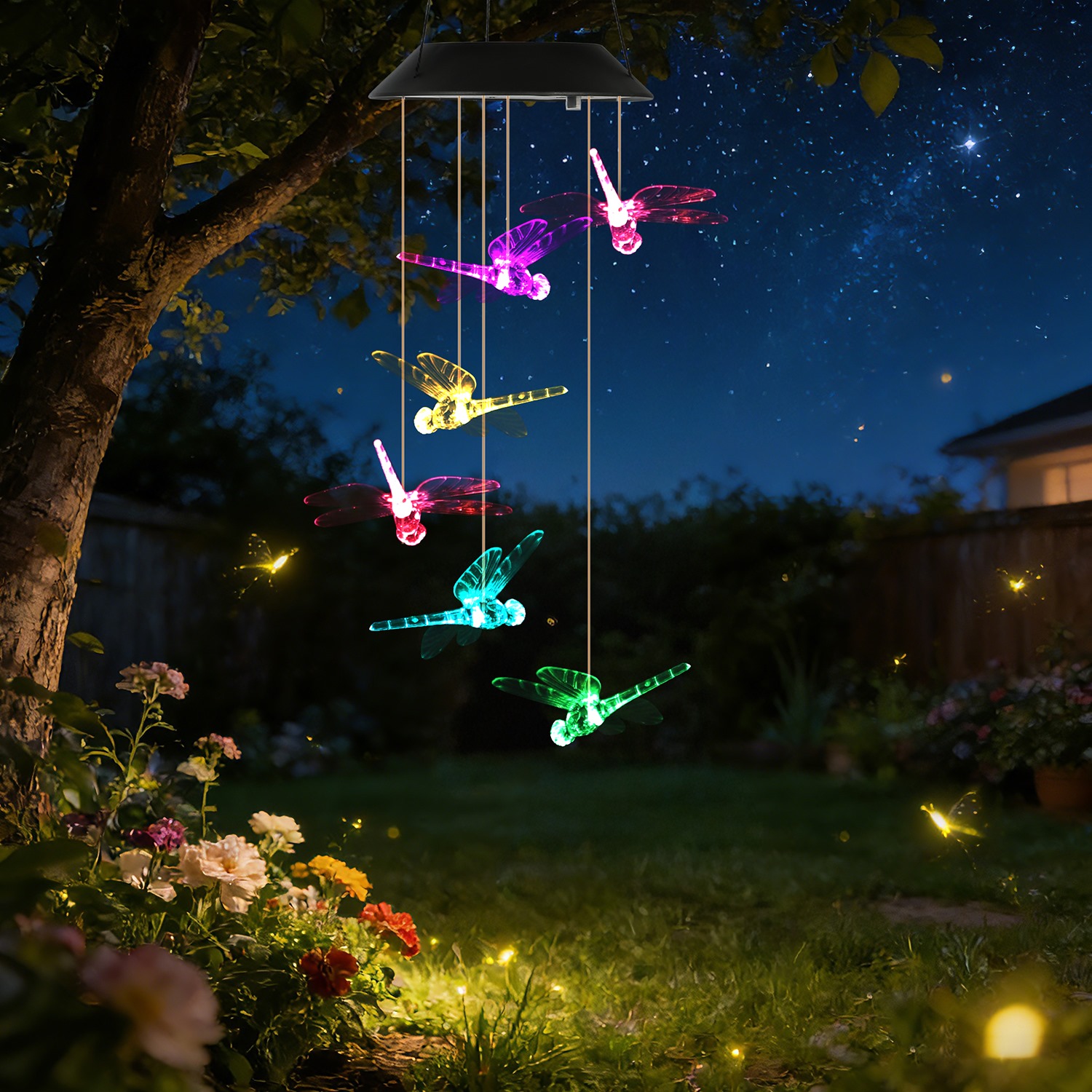 Carillon solaire libellule 7 couleurs IPX4 étanche décor jardin