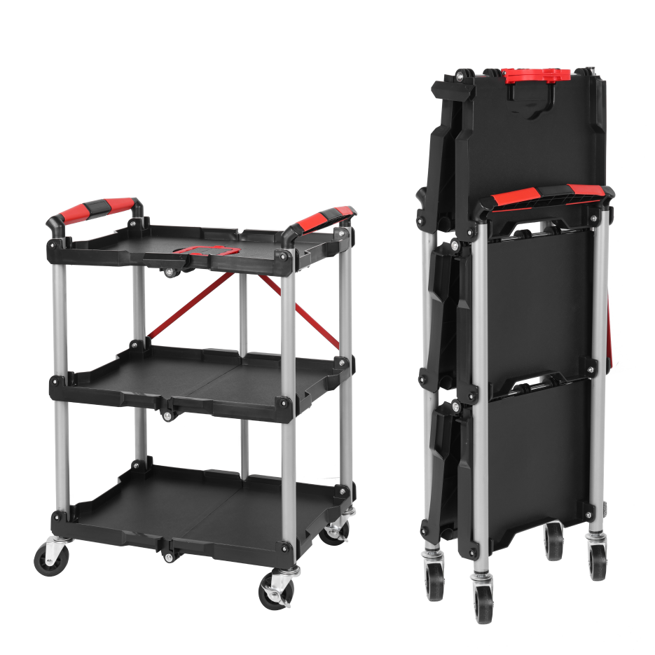 Chariot service pliant 3 tablettes, roues pivotantes avec freins