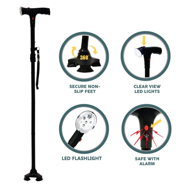 Canne LED ajustable pliable avec bouton d'alerte