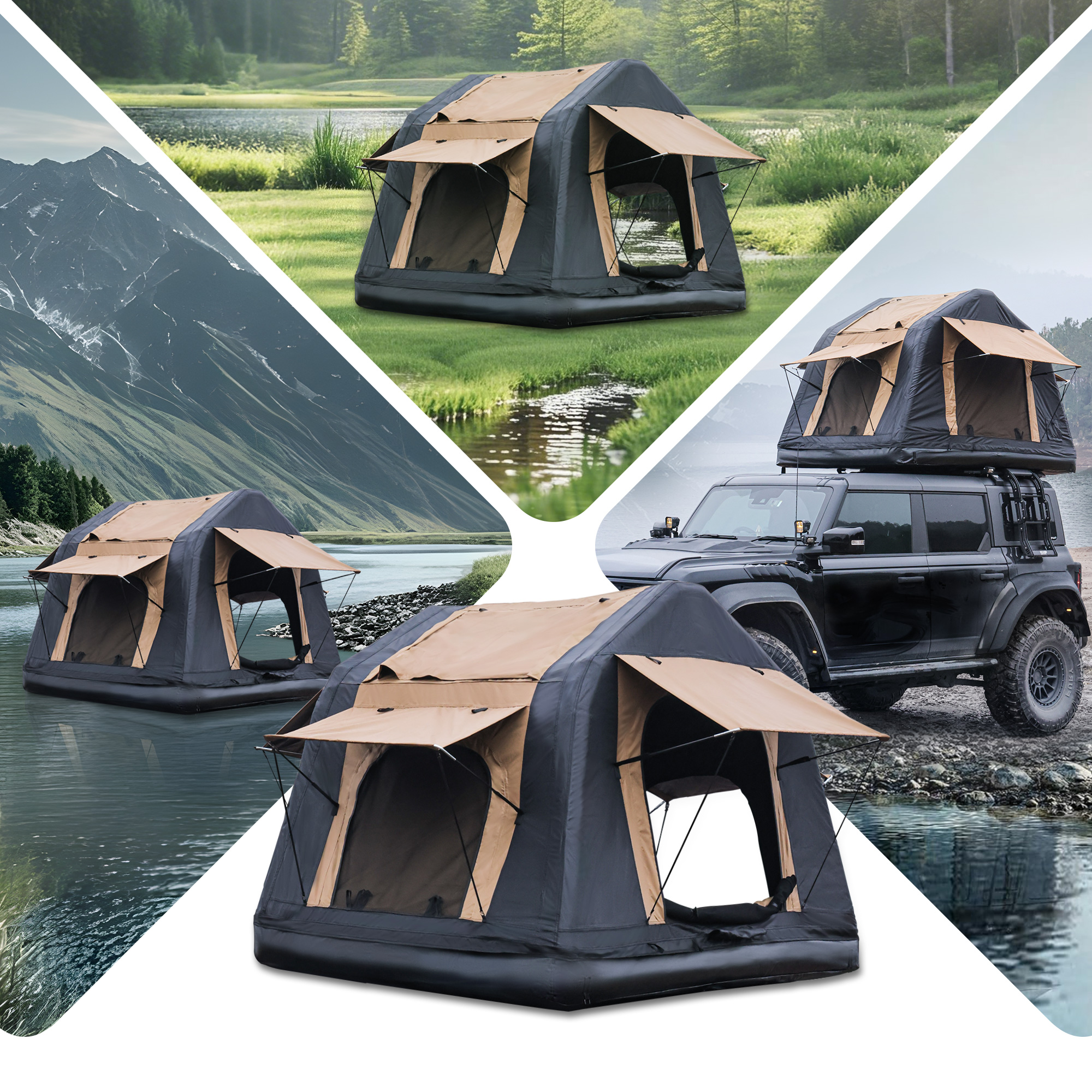 Tente gonflable toit auto 2-3 pers, kaki noir