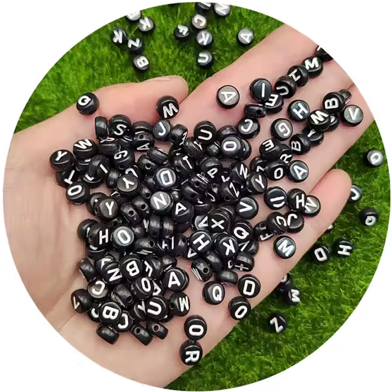 800 perles acryliques rondes noires numéros argent alphabet