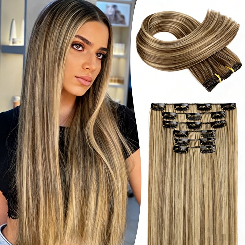 Perruque Clip Cheveux Bruns Reflets Blonds Femmes