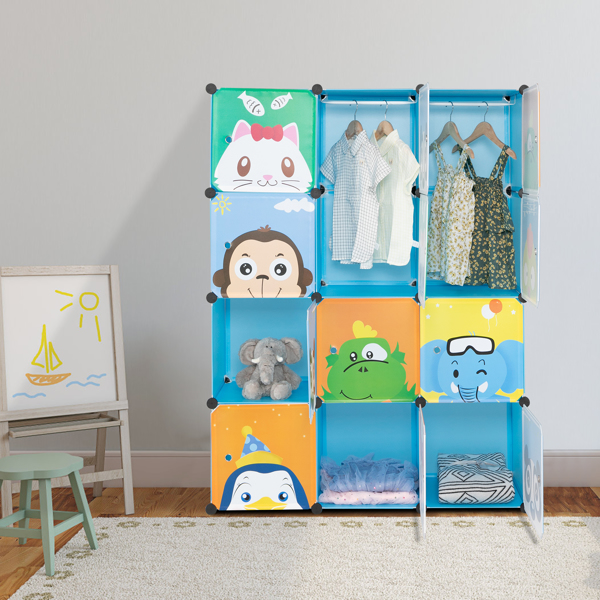 Penderie modulaire 4 étages motifs animaux bleue