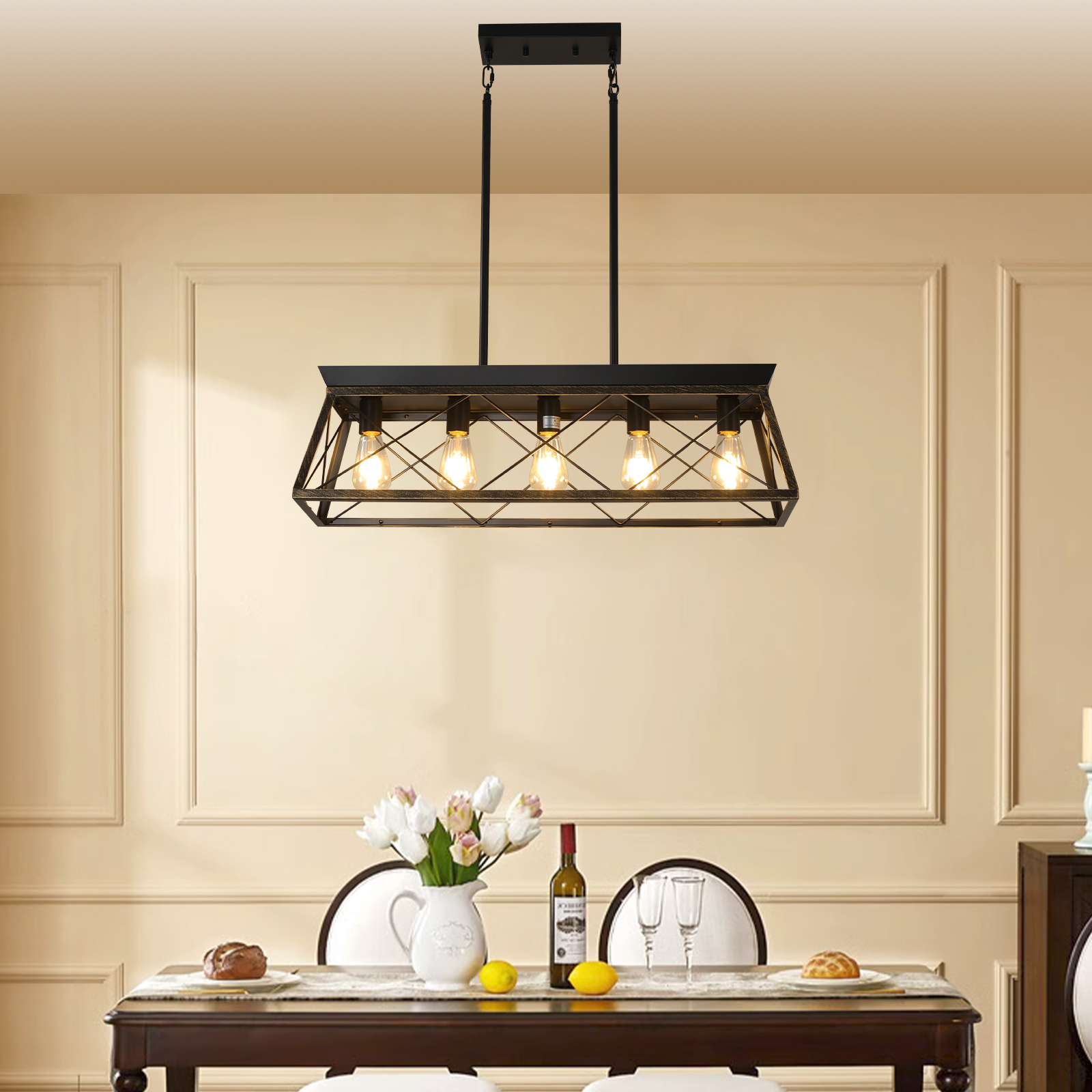 Lustre industriel 32po noir/or, 5 lumières, cage métal, sans ampoules