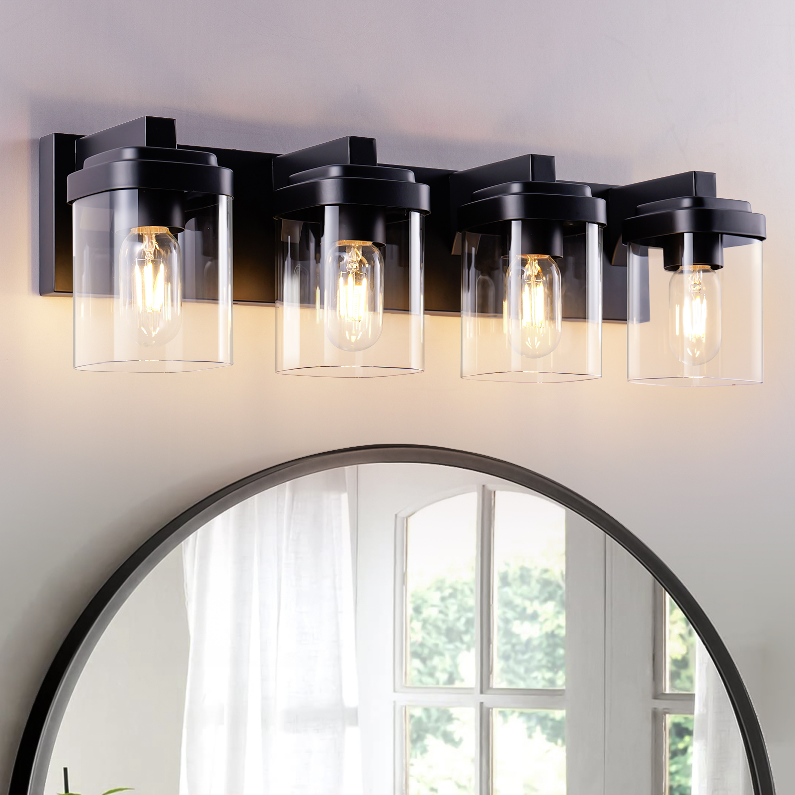Luminaire vanité 4 ampoules noir mat verre clair