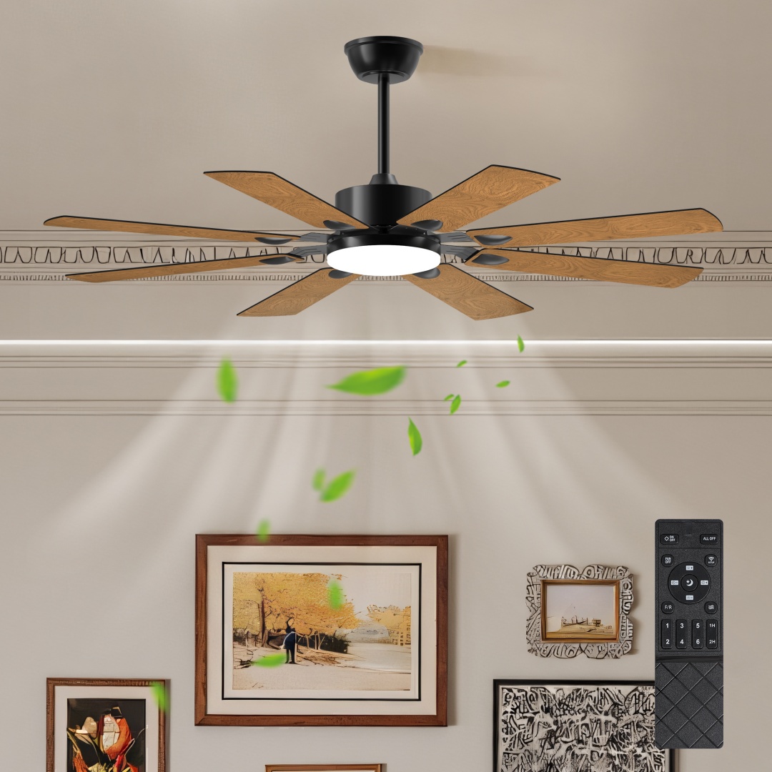 Ventilateur plafond 52" lumières/télécommande, 8 pales, noir