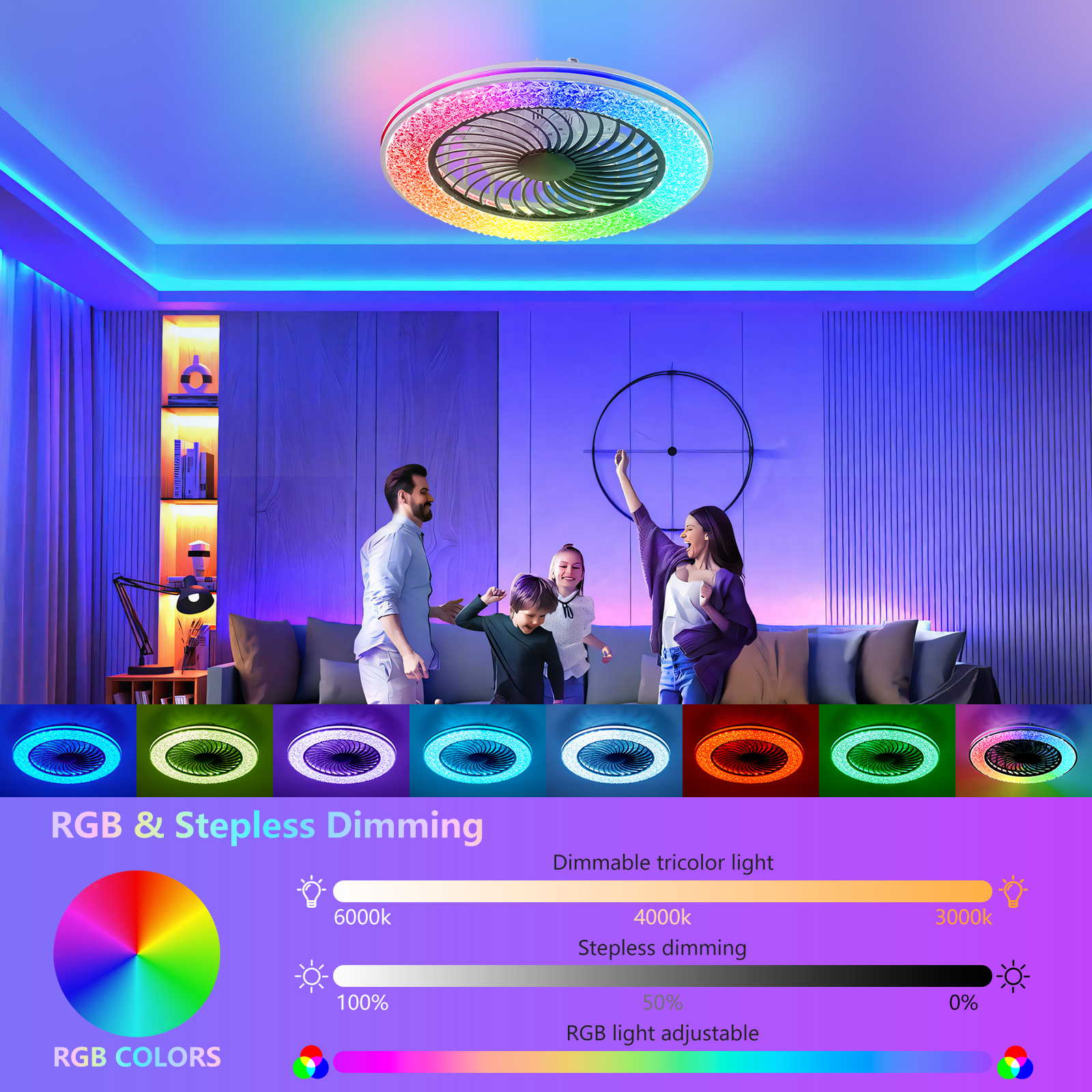 Ventilateur plafond LED 23 po RGB sans pales profil bas moderne