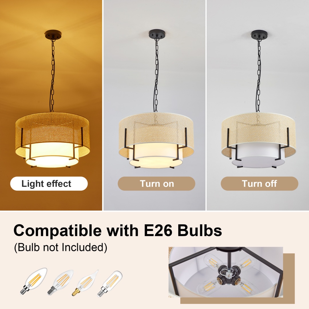 Lustre fermette 4 lumières, rotin tressé, tambour 19,7 po