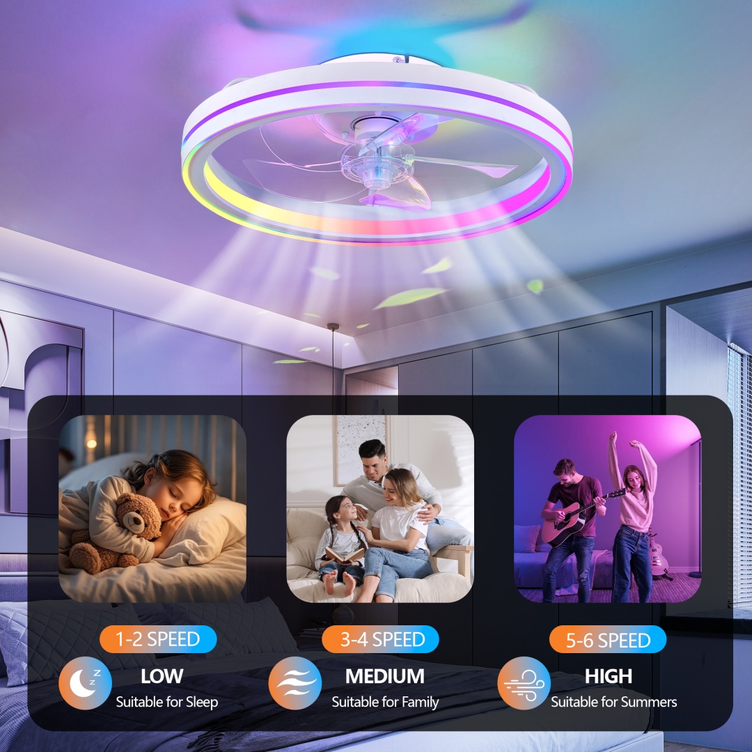 Ventilateur plafond RGB 19po LED, télécommande APP, lame moderne, chambre