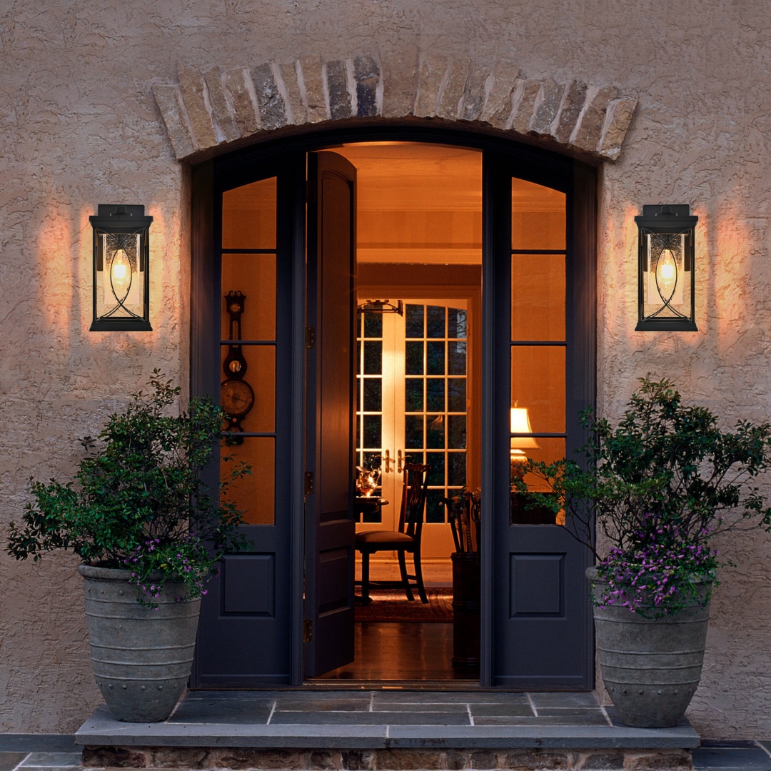 Lanterne mur extérieur 14po noir, verre craquelé, luminaire porche patio