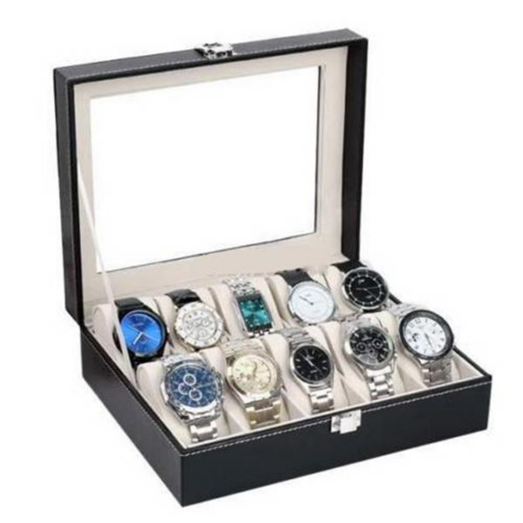 Boîte rangement montre cuir 10 compartiments noir