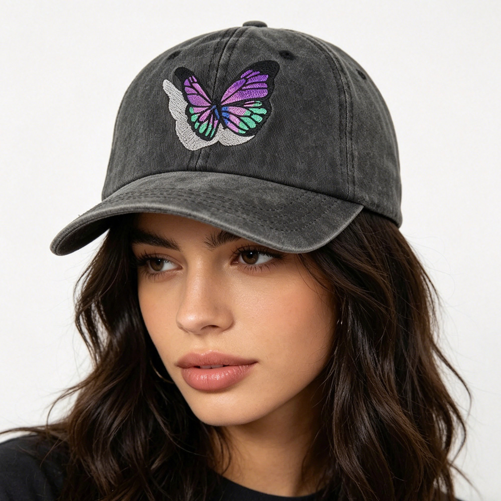 2x casquette baseball coton lavé vintage femme/homme, papillon brodé
