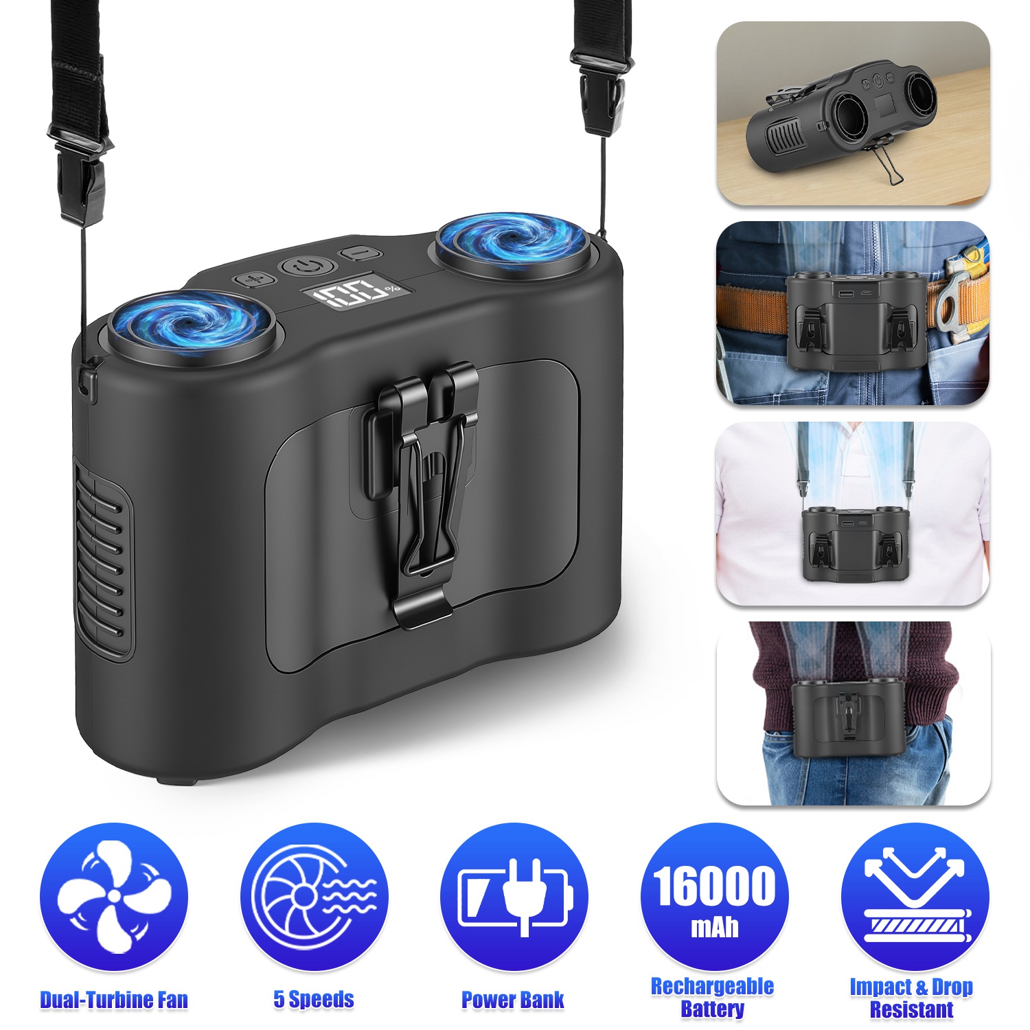 Ventilateur personnel 16000mAh 4en1 waist clip camping