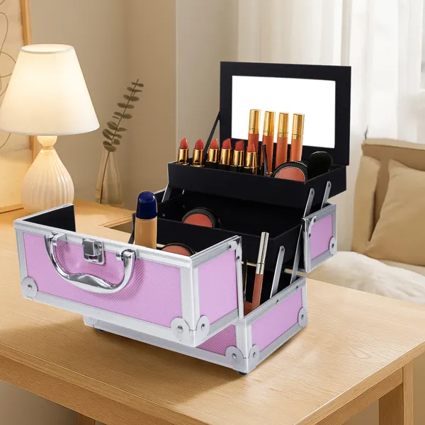 Mallette maquillage SM-2176 aluminium organiseur rose miroir