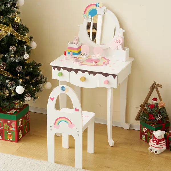 Coiffeuse Enfant Blanche Miroir Tabouret 3 Tiroirs Princesse